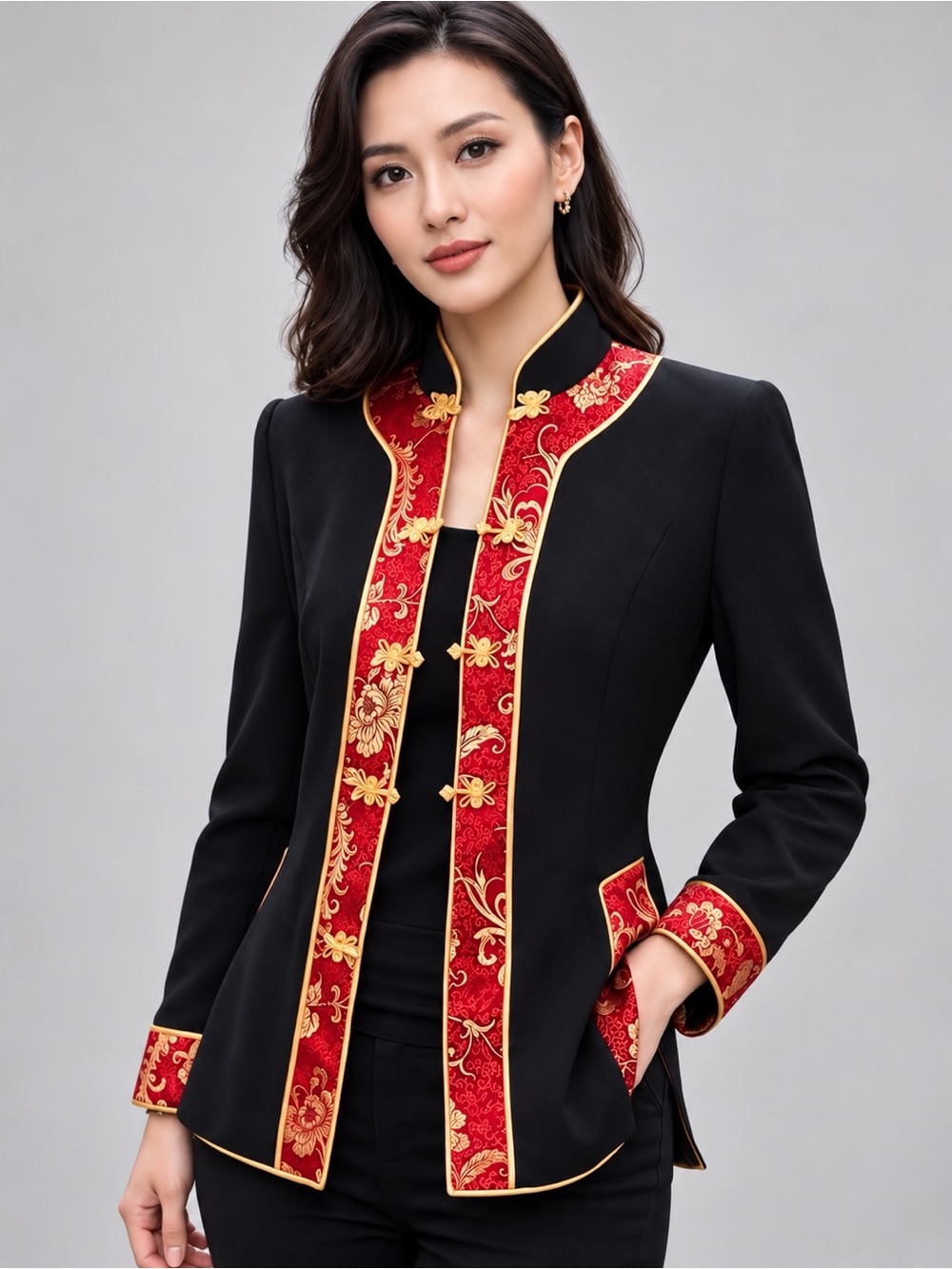 TAILOR MADE CHINESE BLACK JACKET WITH RED AND GOLD BROCADE M